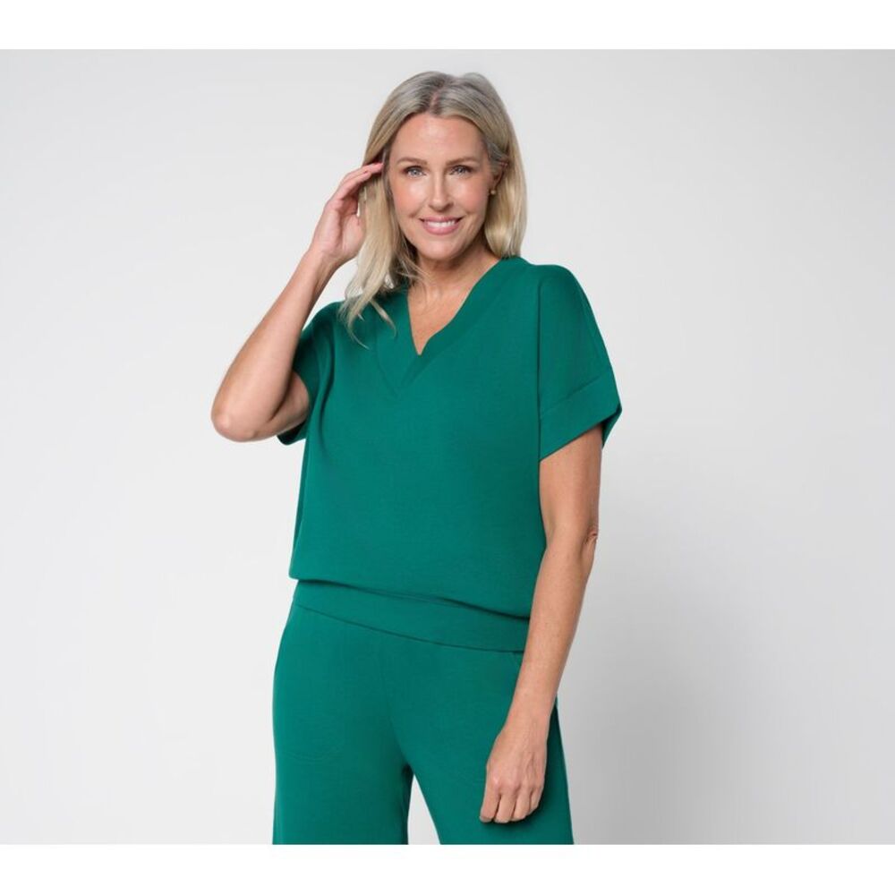 Carla Rockmore Collection Women's Top Sz L French Terry V-Neck Green